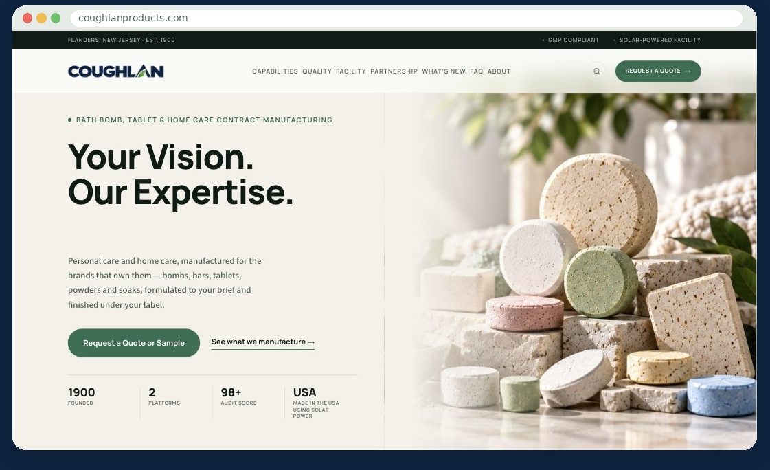 Redesigned Coughlan Products homepage